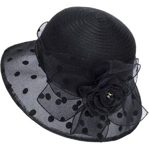 Women Flower-Organza Bowler-Derby-Hat Polka-Dots-Brim Kentucky-Sun-Hat Tea-Party-Straw-Hat Black-Church-Fascinator Small