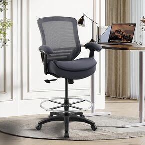 400lbs Tall Office Drafting Chair with Extra Seat Cushion for High Standing Desk with Lumbar Support and Enlarged Adjustable Footring-Black