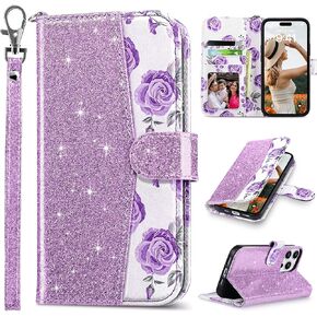 ULAK Compatible with iPhone 14 Pro Wallet Case with Card Holder, Flip iPhone 14 Pro Case for Women Girls Flower PU Leather Kickstand Wristlet Shockproof Phone Case for iPhone 14 Pro 6.1'', Black