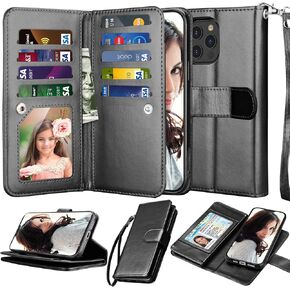 Njjex Compatible with iPhone 12 Case/iPhone 12 Pro Wallet Case 6.1 inch (2020), [9 Card Slots] PU Leather ID Credit Holder Folio Flip [Detachable] Kickstand Magnetic Phone Cover & Lanyard [Black]