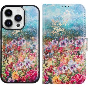 LUMARKE Designed for iPhone 13 Wallet Case - Detachable Flip Folio Cover -RFID Blocking 4 Card Slots Holder -Premium Leather Magnetic Kickstand - Protective Phone Case 6.1",Designer Flowers Print