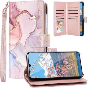 Fingic Samsung Galaxy A15 5G Case Wallet for Women Girl[with 9 Card Holder]Marble Rose Gold PU Leather Detachable Wrist Strap Fullbody Slim Shockproof Flip Phone Case for Samsung Galaxy A15,6.5",2024
