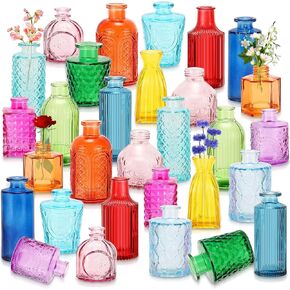 30 Pcs Vases Bulk Colored Flower Glass Vases Bud Vases Vintage Colored Glass Bottles Vases for Centerpieces Colorful Rustic Embossed Mini Vases for Home Wedding Table Desk Decorations Gifts