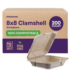 [Bulk - 200-Count] 100% Compostable to Go Containers 8x8" Clamshell Take Out Food Container with Hinged Lid - Disposable Togo Plates - Biodegradable Eco-Friendly Takeout Box Made of Sugar Cane Bagasse