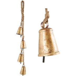 Deco 79 Metal Decorative Cow Bells Tibetan Inspired with 4 Bells on Jute Hanging Rope, 4" x 3" x 29", Gold