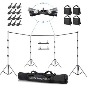 SLOW DOLPHIN Photo Video Studio 30ft (Wide) x 10ft (Tall), 300° Degree Crossbar Rotatable, Angle Adjustable Triple Crossbar Extender Mount, Photography Background Support System, Sand Bags,Clamps