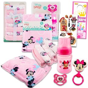 Disney Minnie Mouse Baby Gift Set, Baby Shower Gifts Girls Neutral - 12 Pc Newborn Essentials Bundle with Blanket, Towels, Rattle, Bottle, Pacifier, Scrapbook Stickers, More
