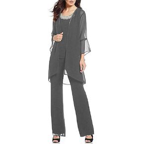 Women's Grey Formal Mother of The Bride Dress Pant Suits 3 Pieces Chiffon Outfit for Wedding Grooms Plus Size US20W
