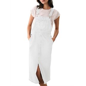 PLNOTME Womens Denim Overall Dress Casual Summer Adjustable Straps Front Split Jean Overall Midi Dress