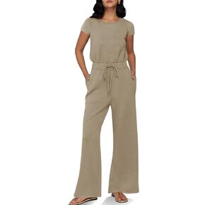 Tongmingyun Womens Wide Leg Jumpsuits Casual Summer Short Sleeve Drawstring Elastic Waist Long Pants Romper with Pockets