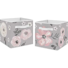 Sweet Jojo Designs Grey Watercolor Floral Foldable Fabric Storage Cube Bins Boxes Organizer Toys Kids Baby Childrens - Set of 2 - Blush Pink Gray and White Shabby Chic Rose Flower Farmhouse