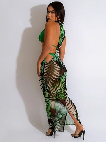 Women's Sexy Swimsuit 3 Piece Thong Bikini Set Triangle Halter Bathing Suit Sheer Mesh Beach Cover Up Maxi Dress in Kuwait