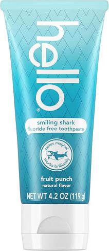 معجون أسنان Hello Smiling Shark للأطفال الخالي من الفلورايد، معجون أسنان للأطفال خالٍ من الفلورايد، آمن لجميع الأعمار، يساعد على تنظيف البلاك ويساعد على تلميع الأسنان، خالٍ من SLS، لكمة فواكه طبيعية، أنبوب 4.2 أونصة in Kuwait