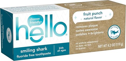 معجون أسنان Hello Smiling Shark للأطفال الخالي من الفلورايد، معجون أسنان للأطفال خالٍ من الفلورايد، آمن لجميع الأعمار، يساعد على تنظيف البلاك ويساعد على تلميع الأسنان، خالٍ من SLS، لكمة فواكه طبيعية، أنبوب 4.2 أونصة in Kuwait