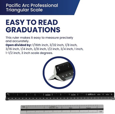 مسطرة مقياس اقتصادي لمهندس قوس المحيط الهادئ، مقسمة على: 1/16 بوصة، 3/32 بوصة، 1/8 بوصة، 3/16 بوصة، 1/4 بوصة، 3/8 بوصة، 1/2 بوصة، 3/4 بوصة، 1 بوصة، 1-1/2 بوصة، 3 بوصة مقياس الدرجات. 12 إنش in Kuwait