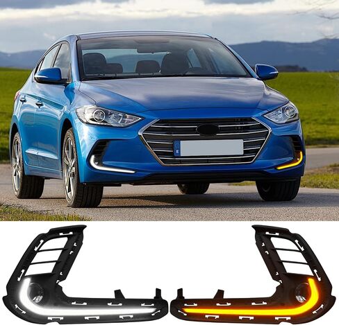 For 2017 2018 Hyundai Elantra DRL LED Daytime Running Lights Front Fog Lights with White DRL Lamps Amber Turn Signal Lights Assembly, Black, DRL18ELT in Kuwait