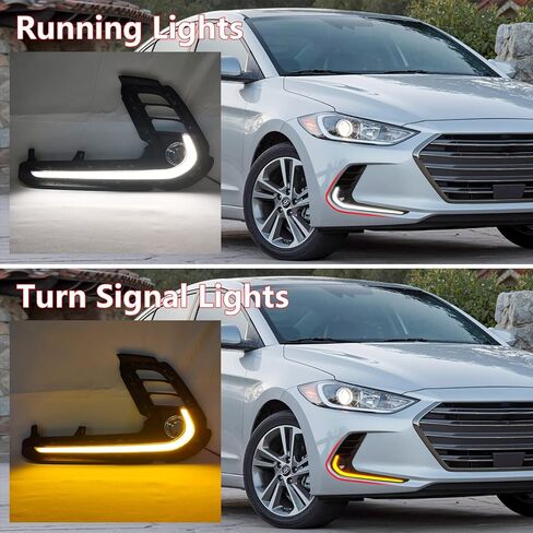 For 2017 2018 Hyundai Elantra DRL LED Daytime Running Lights Front Fog Lights with White DRL Lamps Amber Turn Signal Lights Assembly, Black, DRL18ELT in Kuwait