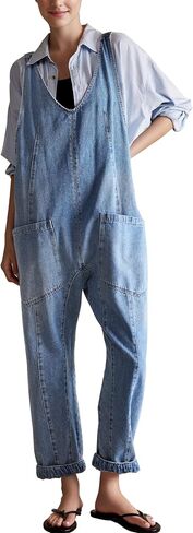 Dressy High Roller Denim Jumpsuit for Women Casual Sleeveless Loose Fit Overalls Jeans Pants Jumpers with Pockets(LightBlue-S) in Saudi Arabia