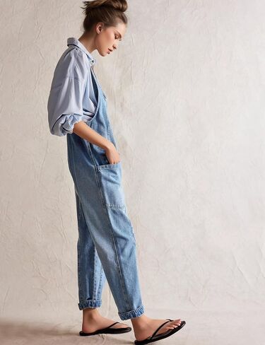 Dressy High Roller Denim Jumpsuit for Women Casual Sleeveless Loose Fit Overalls Jeans Pants Jumpers with Pockets(LightBlue-S) in Saudi Arabia