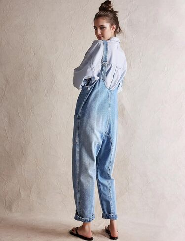 Dressy High Roller Denim Jumpsuit for Women Casual Sleeveless Loose Fit Overalls Jeans Pants Jumpers with Pockets(LightBlue-S) in Saudi Arabia
