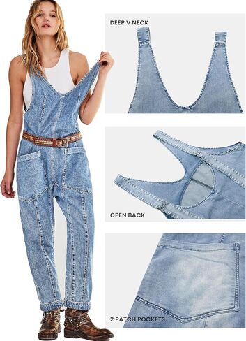 Dressy High Roller Denim Jumpsuit for Women Casual Sleeveless Loose Fit Overalls Jeans Pants Jumpers with Pockets(LightBlue-S) in Saudi Arabia