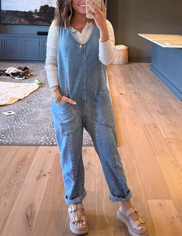 Dressy High Roller Denim Jumpsuit for Women Casual Sleeveless Loose Fit Overalls Jeans Pants Jumpers with Pockets(LightBlue-S) in Saudi Arabia
