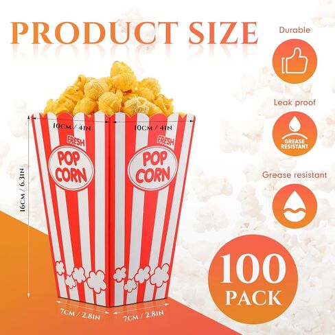 Teling 100 Pack Movie Night Popcorn Boxes Disposable Paper Popcorn Buckets Red and White Striped Popcorn Container Vintage Retro Nostalgic Popcorn Holders for Movie Carnival Circus Birthday Party in Saudi Arabia