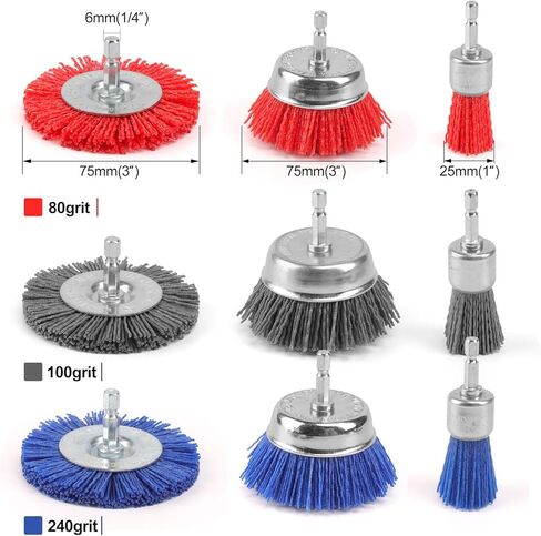 POLIWELL Nylon Filament Brush 9 Pack Abrasive Wire Brush Wheel & Cup Brush Set, Nylon Filament Abrasive Kit with 1/4 Inch Hex Shank for Drill for Remove Rust, Clean Grill, Refinish Flaking Paint in Saudi Arabia