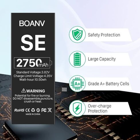 بطارية بديلة بقدرة 2750 مللي أمبير في الساعة لجهاز iPhone SE (الجيل الأول لعام 2016)، ترقية بطارية بديلة عالية السعة لجهاز iPhone SE (A1662، A1723، A1724) مع مجموعة أدوات بديلة احترافية in Kuwait