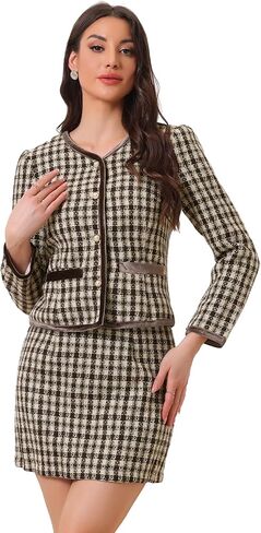 مجموعة بدلة عمل Allegra K للنساء مكونة من قطعتين وسترة قصيرة وتنورة منقوشة من التويد in Kuwait