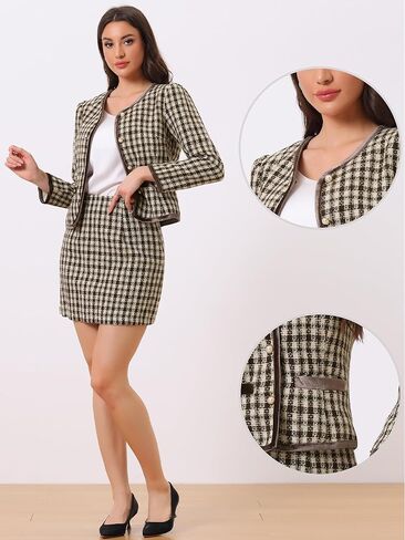 مجموعة بدلة عمل Allegra K للنساء مكونة من قطعتين وسترة قصيرة وتنورة منقوشة من التويد in Kuwait