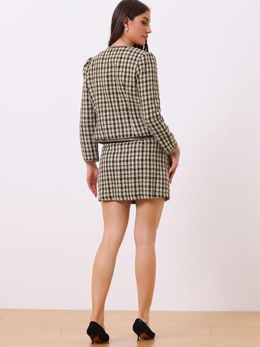 مجموعة بدلة عمل Allegra K للنساء مكونة من قطعتين وسترة قصيرة وتنورة منقوشة من التويد in Kuwait