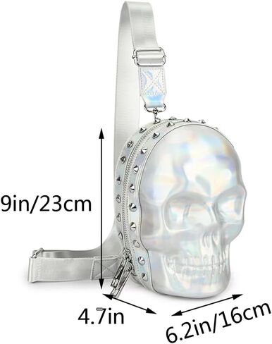 3D Skull Purse Crossbody Sling Bags Wristlet-handbags for Women Rivet Punk Gothic Chest Bag Medium Silvery in Saudi Arabia