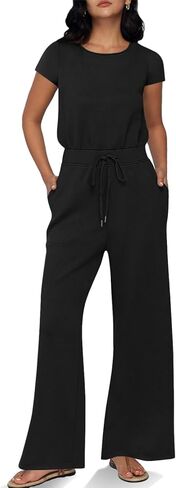 Tongmingyun Womens Wide Leg Jumpsuits Casual Summer Short Sleeve Drawstring Elastic Waist Long Pants Romper with Pockets in Saudi Arabia