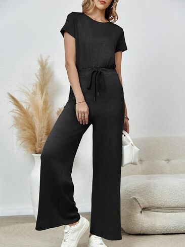 Tongmingyun Womens Wide Leg Jumpsuits Casual Summer Short Sleeve Drawstring Elastic Waist Long Pants Romper with Pockets in Saudi Arabia