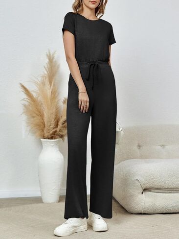 Tongmingyun Womens Wide Leg Jumpsuits Casual Summer Short Sleeve Drawstring Elastic Waist Long Pants Romper with Pockets in Saudi Arabia