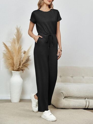 Tongmingyun Womens Wide Leg Jumpsuits Casual Summer Short Sleeve Drawstring Elastic Waist Long Pants Romper with Pockets in Saudi Arabia