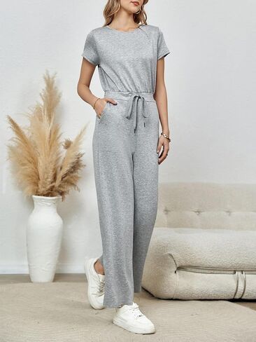 Tongmingyun Womens Wide Leg Jumpsuits Casual Summer Short Sleeve Drawstring Elastic Waist Long Pants Romper with Pockets in Saudi Arabia