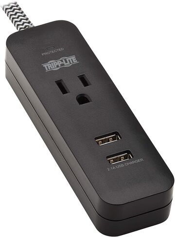 جهاز حماية من التيار الزائد بمنفذ واحد من تريب لايت مع منفذي USB (2.1 أمبير مشترك) - سلك بطول 4 أقدام، قابس 5-15P، 450 جول، أسود (TLP104USB) in Kuwait