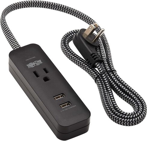 جهاز حماية من التيار الزائد بمنفذ واحد من تريب لايت مع منفذي USB (2.1 أمبير مشترك) - سلك بطول 4 أقدام، قابس 5-15P، 450 جول، أسود (TLP104USB) in Kuwait