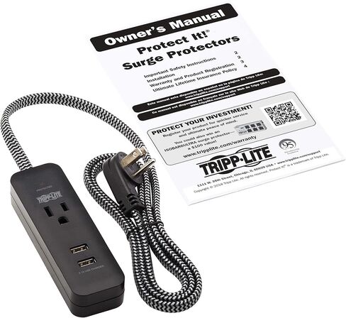 جهاز حماية من التيار الزائد بمنفذ واحد من تريب لايت مع منفذي USB (2.1 أمبير مشترك) - سلك بطول 4 أقدام، قابس 5-15P، 450 جول، أسود (TLP104USB) in Kuwait