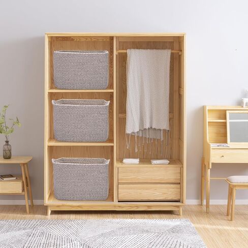 3 Pack Storage Basket for Organizing, Woven Baskets for Storage, Cotton Rope Basket for Towel, Large Blanket Basket for Living Room, Nursery, Baby Room, 15''×10''×9'' ( Brown & White) in Saudi Arabia