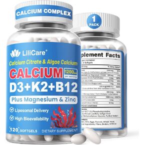 Calcium 1200 mg with Vitamin D3 K2 5000 IU Softgels Supplement for Women Men - Liposomal Calcium Citrate & Algae Calcium Magnesium Zinc + D3 K2 B12, Plant-Based Vegan Vitamin D, Boron for Bone,120ct in Kuwait