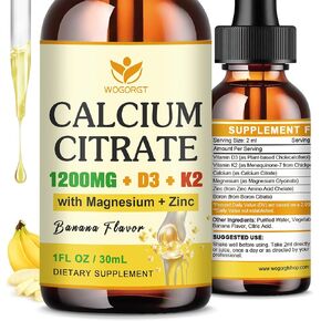 Calcium Citrate 1200mg Liquid Supplement with Vitamin D3 for Women & Men - Calcium Magnesium Zinc D3 K2 Supplement for Bone, Teeth, Immune Support - Sugar Free, Vegan, Banana Flavor - 1 Fl Oz (2 Pack) in Kuwait