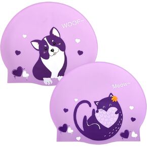 2 PCS Swim Caps for Kids, Swimming Cap for Age 6-12 Boys Girls, Silicone Cartoon Swimming Hats for Child Long and Short Hair, Waterproof Kids Bathing Caps, Keep Hair Dry in Kuwait