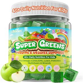 Kids Super Greens Gummies, w/Multivitamins, 20+ Veggie Fruit, Prebiotics, Calcium, Omega-3 (DHA/EPA), Kids Vitamins Greens Superfood Gummies for Picky Eaters Growth, Energy, Immune, Digestion, 2 Pack in Saudi Arabia