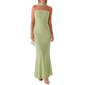 Women Floral Tube Maxi Dress with Scarf Summer Strapless Tube Bodycon Mesh Layer Cocktail Party Wedding Guest Dress in Kuwait