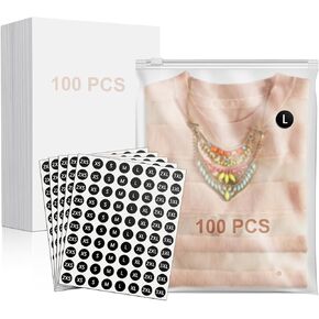 100 قطعة من أكياس تغليف القمصان مقاس 10 × 13 بوصة مع ملصقات بحجم الملابس والورق المقوى، أكياس بلاستيكية بسحاب بلوري مقاس 10 × 13 بوصة للملابس، مجموعة عبوات تي شيرت in Kuwait