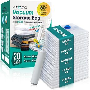 20 عبوة من أكياس تخزين المكنسة الكهربائية، أكياس بلاستيكية موفرة للمساحة (4 كبيرة/4 كبيرة/4 متوسطة/4 صغيرة/4 رول) ضغط للملابس والمراتب والبطانيات وتخزين الفراش، تتضمن مضخة يدوية in Kuwait