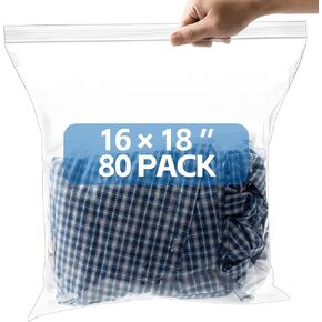80 عبوة من أكياس سحاب بلاستيكية كبيرة قابلة لإعادة الإغلاق مقاس 16 × 18 بوصة، أكياس شفافة سعة 3.5 جالون للتخزين والمنزل والأحذية واللوازم المكتبية وأساسيات السفر in Kuwait